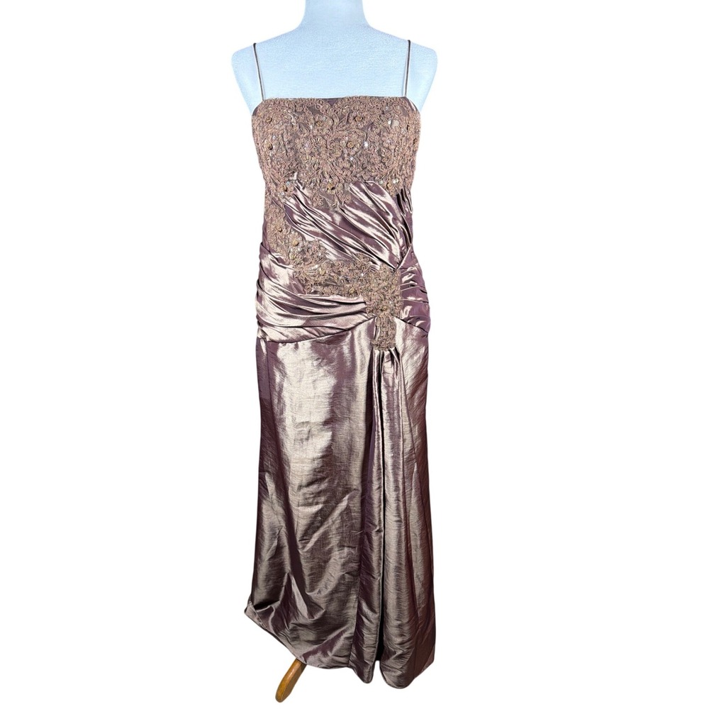 Ignite Evenings Carol Lin Bronze Metallic Ruched Lace Sequin Gown Dress Size 8